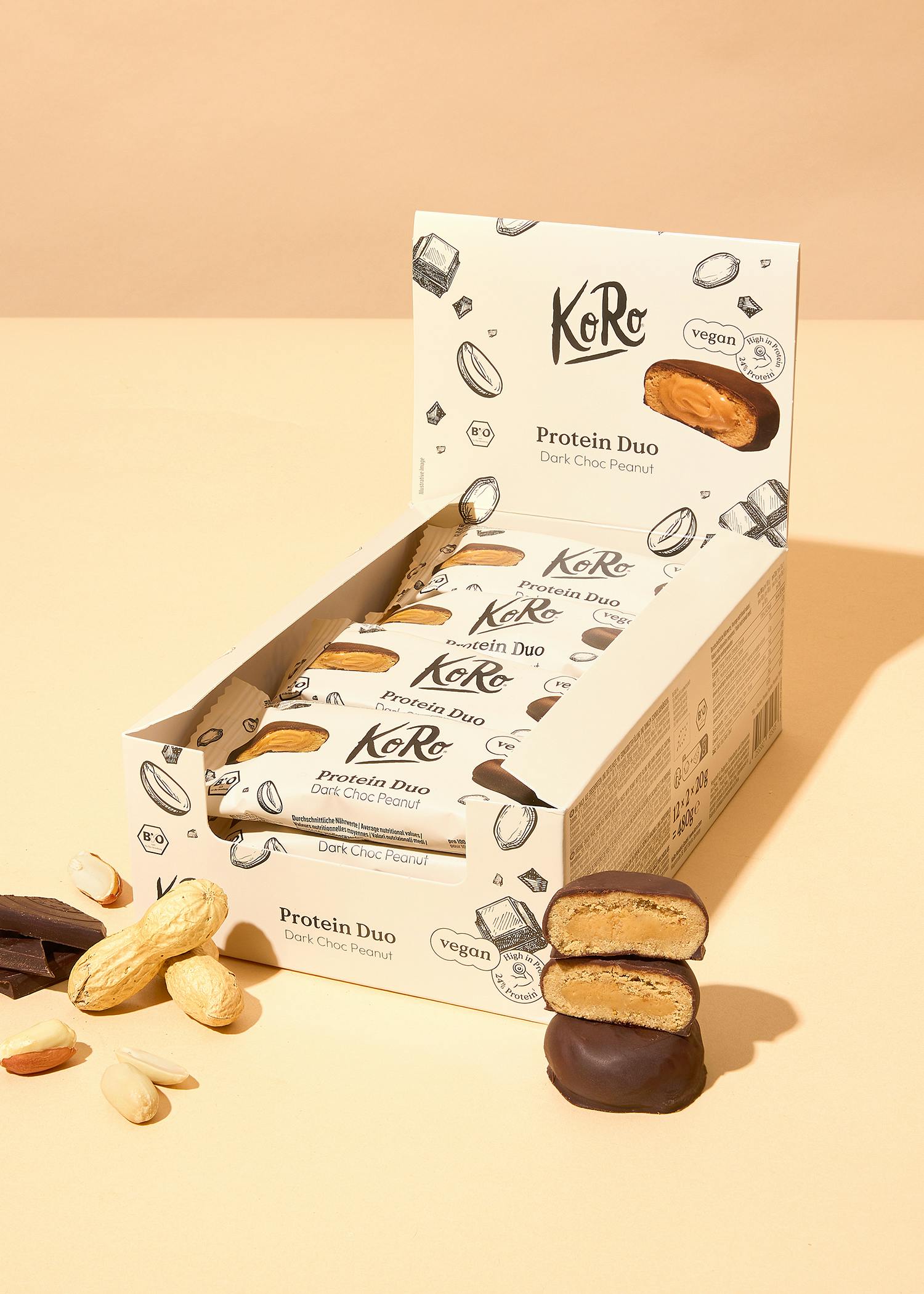 eine verpackte Reihe von protein duo dark chocolate peanuts